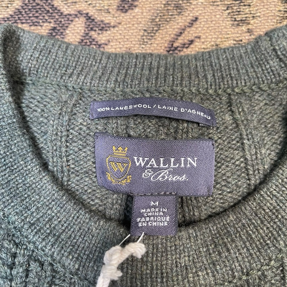 Wallin & Bros Sweater Mens Medium Green Crewneck 100% Lambswool Cable Knit New - Picture 3 of 10